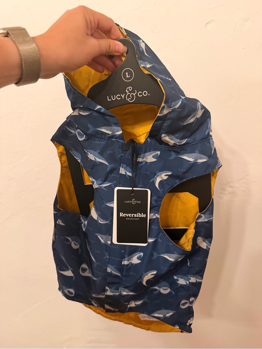 NWT Reversible Dog Hooded Raincoat - Navy Shark Pattern with Yellow Lining